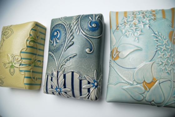 Kristen Kieffer pillow tiles, Pear, Cornflower blue and Frost