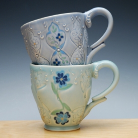 Kristen Kieffer Stamped mugs Blue Flowers